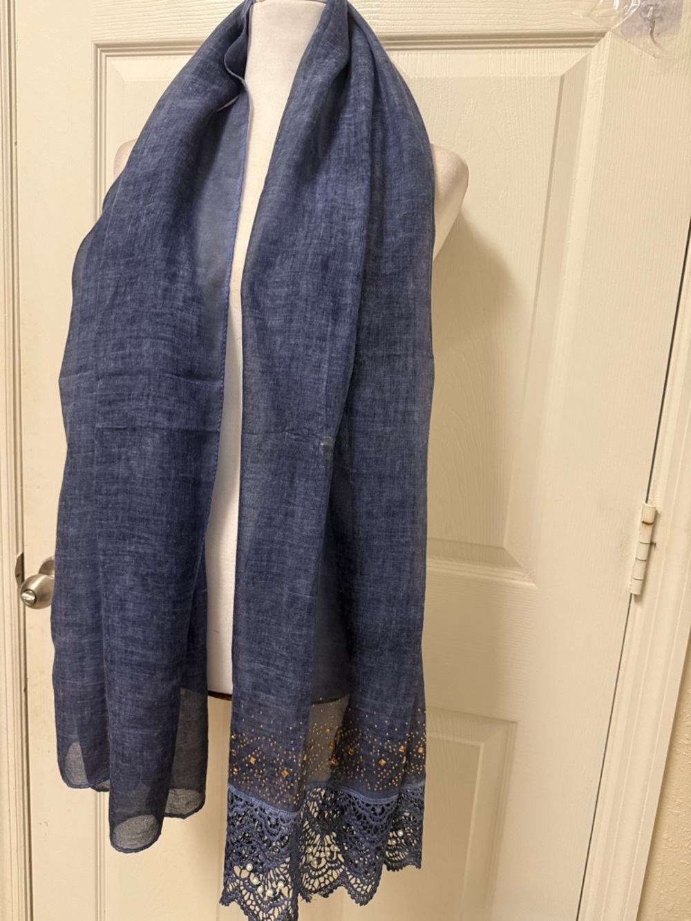 Brand New Navy Blue Lightweight Scarf with Lace Trim
